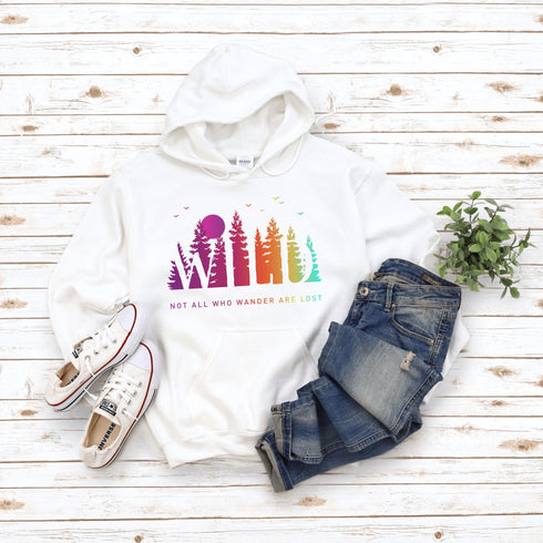 This Camping hoodie features a stunning colorful gradient forest graphic that captures the essence of the great outdoors. With the inspiring saying "WILD-Not All Who Wander Are Lost" boldly printed, it serves as a reminder to embrace your wild spirit and wanderlust.